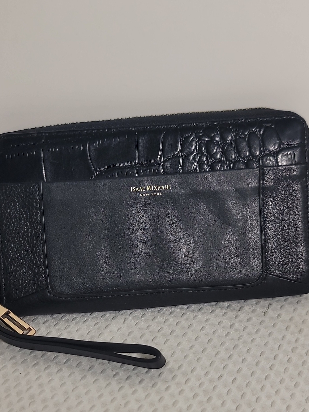 Isaac Mizrahi Black Leather Wristlet with Gold Logo Accent